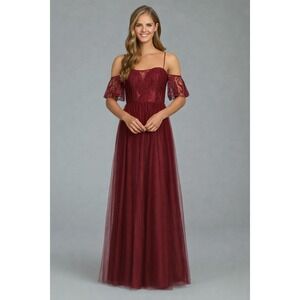 Hailey Paige 5808 Burgundy Lace Chiffon‎ Bridesmaid Prom Dress Open Back Sz 6